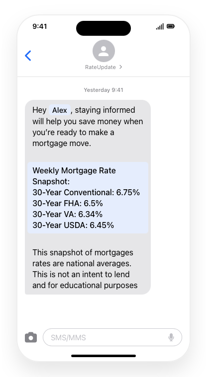 Blue Eye SMS rate snapshot sent to realtor partners